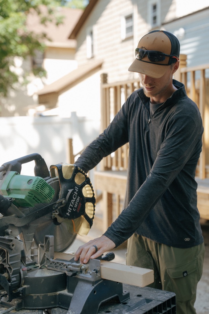 Dave Arthur cutting trim on the job in Lafayette, Indiana